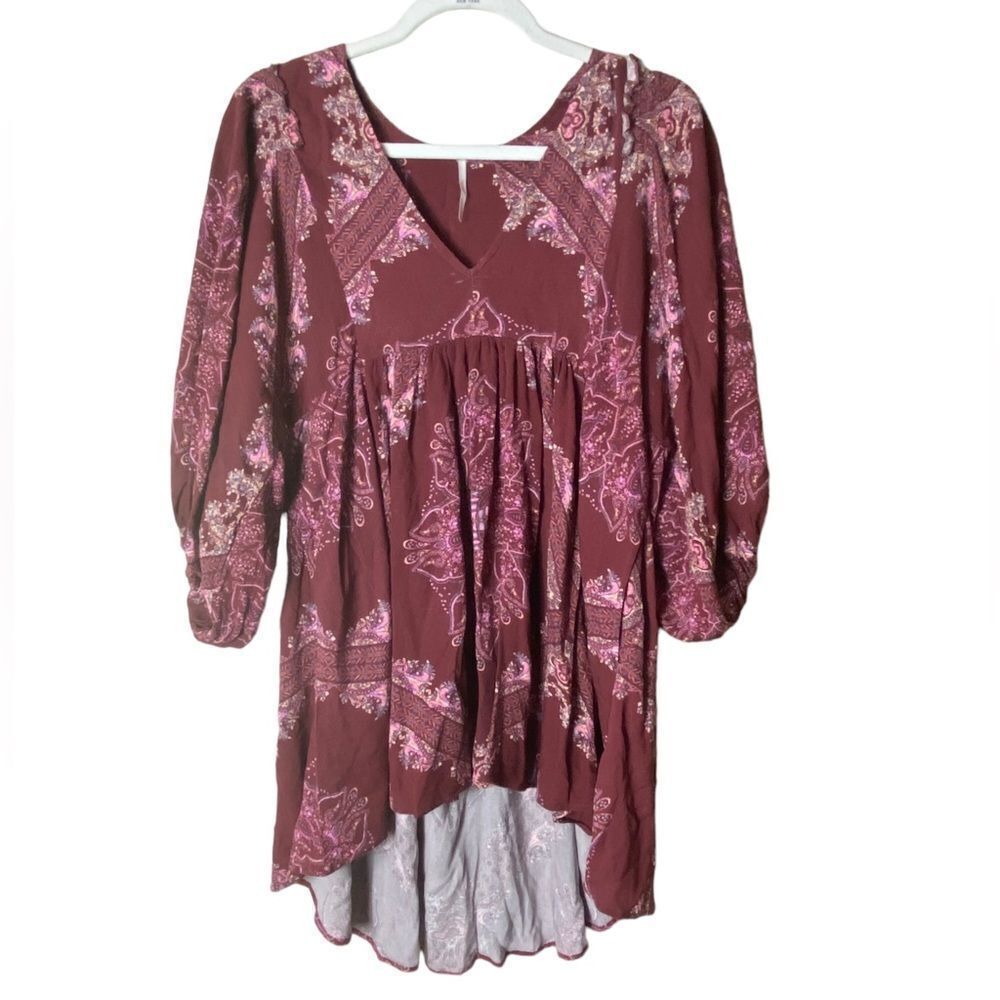 Free People Sz Sm Maroon Floral Girl Talk Printed Oversized Tunic Top Blouse